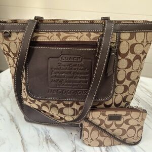Brown and tan Coach purse with matching coin purse.